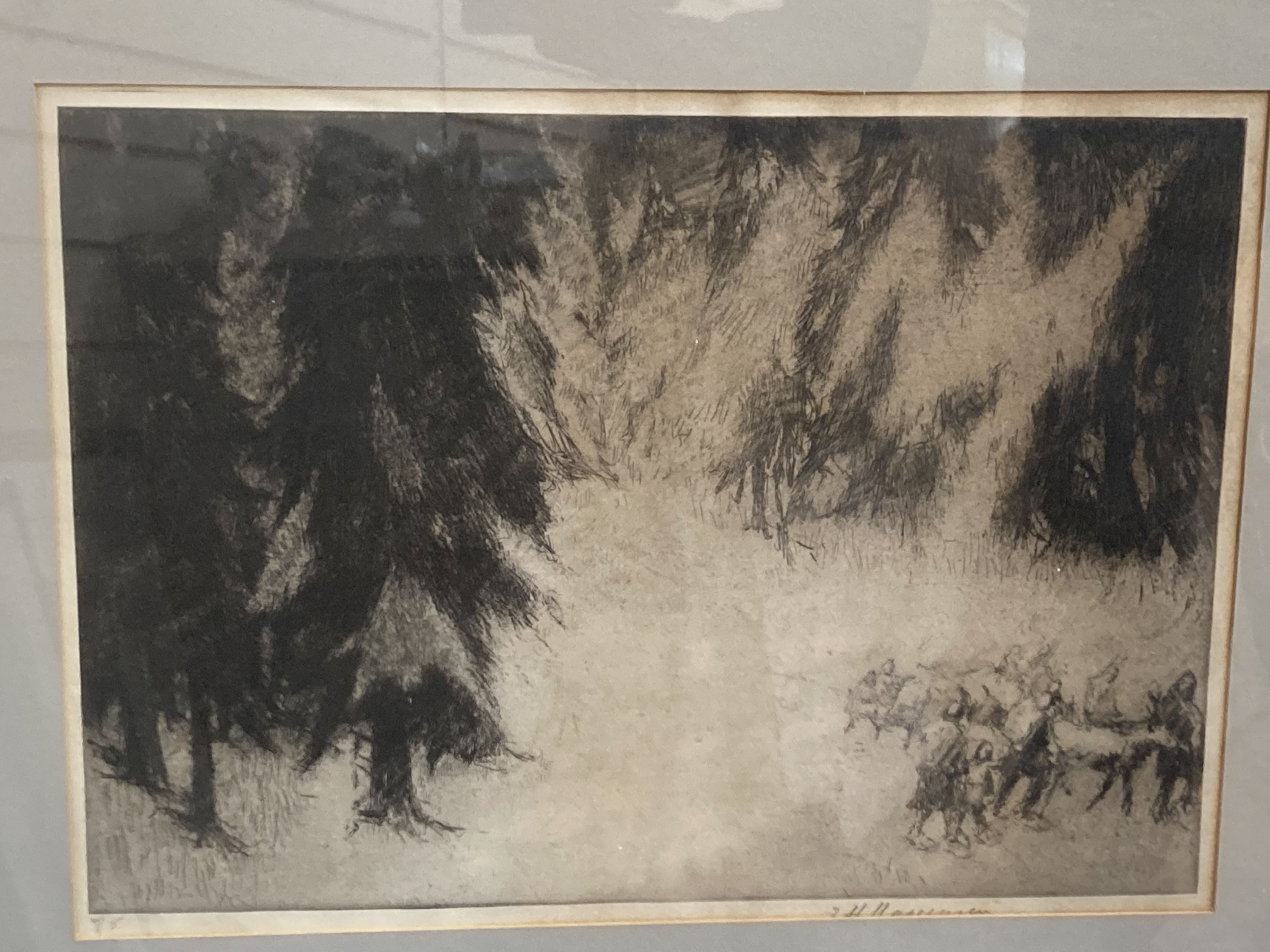 Modern British, two etchings, ‘Winter Trail’ & 'Returning Home', indistinctly signed, 30 x 41cm.